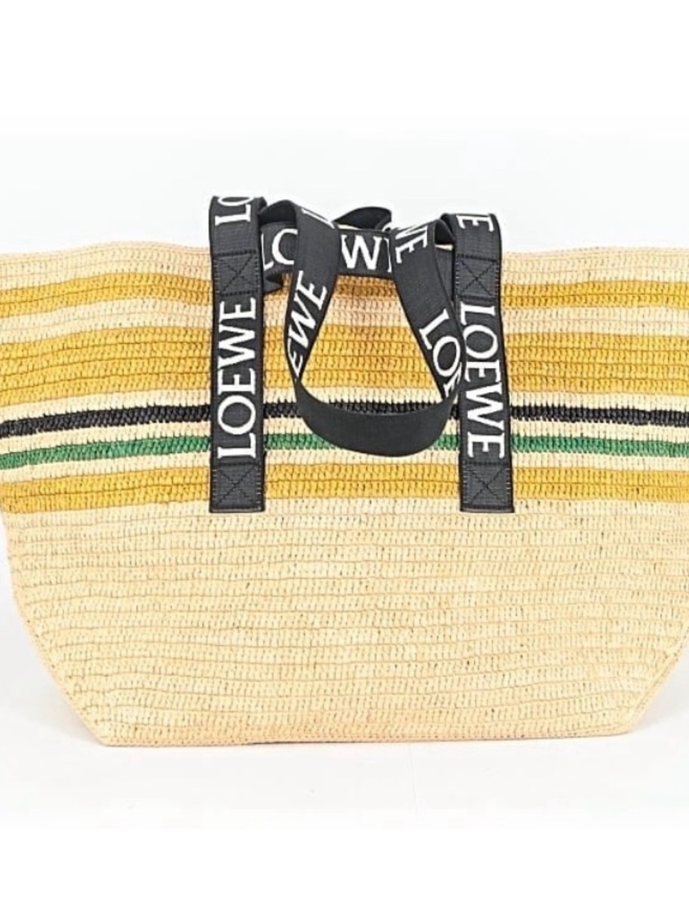 Loewe Natural Raffia Tote with Yellow, Green & Black Stripes